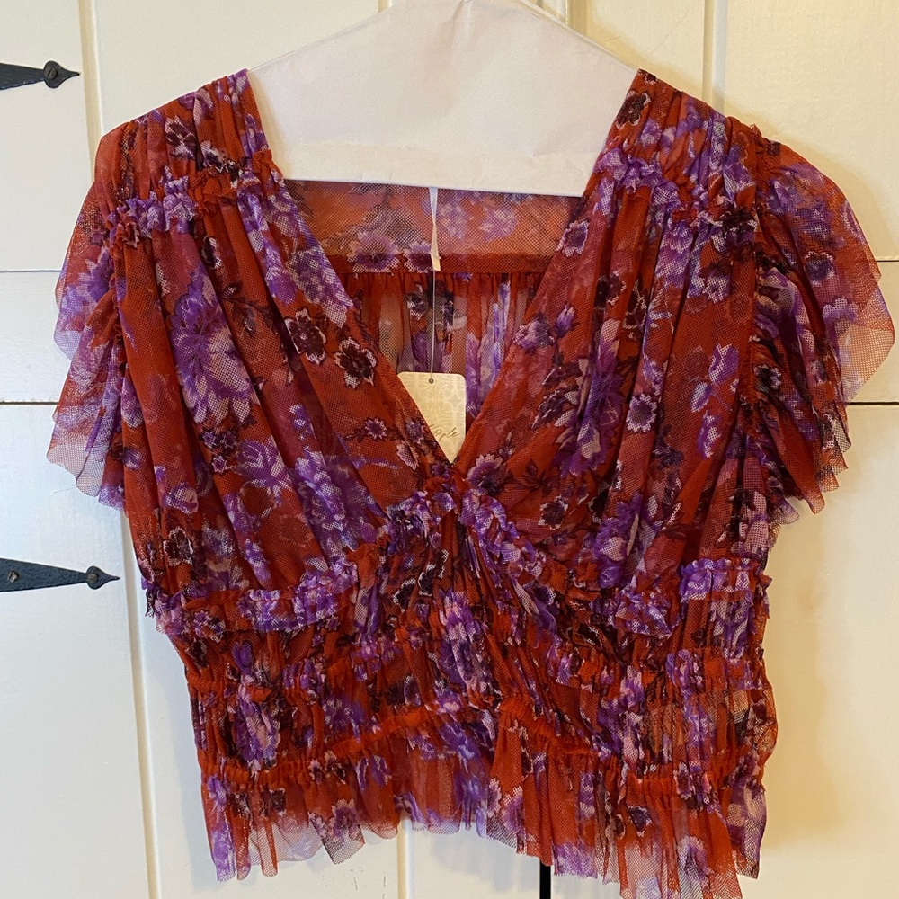 Free People | Mesh Raw Hem V-Neck Top with Layered Sleeves & Smocked Waist-M - Picture 1 of 8